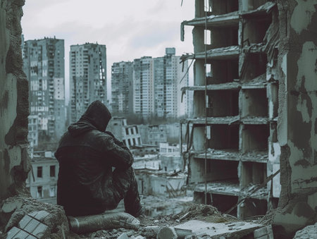 Description: Hooded silhouette sits amidst ruins, overlooking a devastated urban landscape.の素材