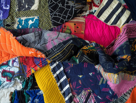 A tapestry of colorful, patterned fabric pieces stitched together in a dynamic collage.の素材