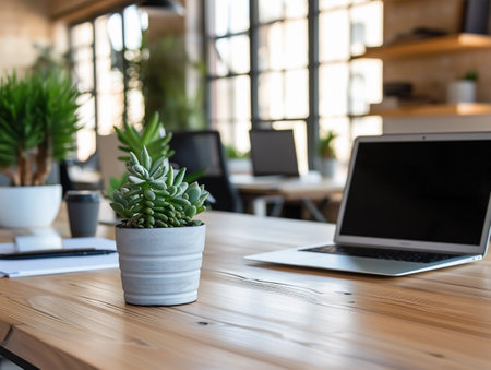 Cozy office space with a laptop and a potted plant on a wooden desk.の素材