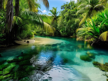 Serene tropical oasis with crystal-clear river and lush greenery.の素材
