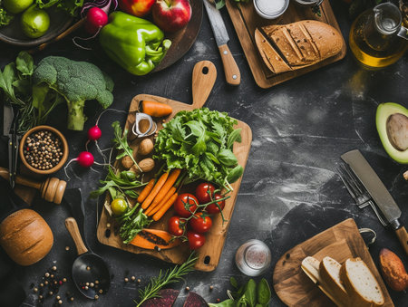 Hearty vegetables on cutting board in a rustic kitchen setting.の素材