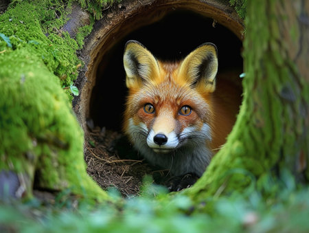 A red fox gazes from a mossy den.の素材