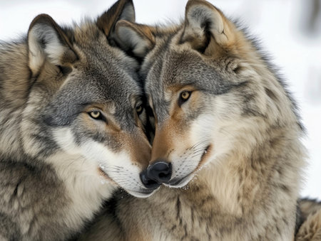 A close-up of two wolves interacting with gentle expressions.の素材