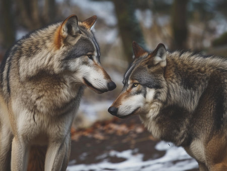 Pair of wolves in a forest setting with attentive expressions.の素材