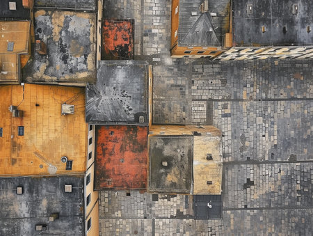 Top view of a colorful, patchwork-like urban landscape.の素材