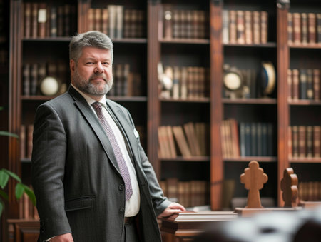 Confident attorney in a tailored suit, posing in a traditional library.の素材