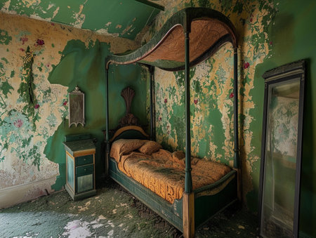 Decayed room with vintage canopy bed and peeling walls.の素材