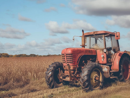 Red tractor in a golden harvested field under a cloudy sky.の素材