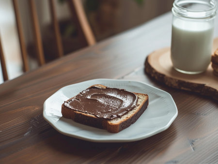 Toast with chocolate spread on a plate, glass of milk on side, wooden background.の素材