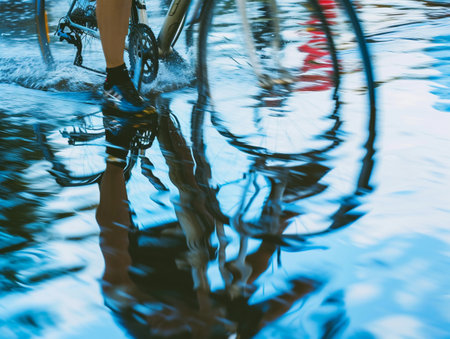Motion blur of cycling through a water puddle reflecting the cyclist's image.の素材