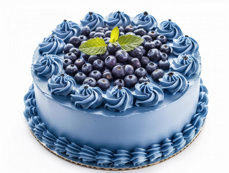 A layered cake with blue frosting and blueberries on top.の素材