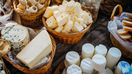 A selection of cheeses in baskets at a local market.の素材