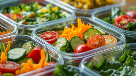 Plastic containers of fresh vegetable salads.の素材