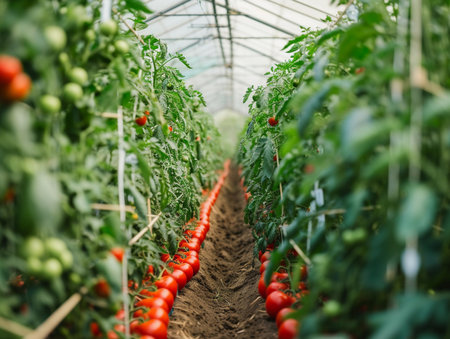 Cultivated tomato plants growing in greenhouse.の素材