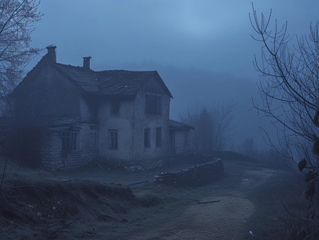 Derelict house enveloped by twilight fog.の素材