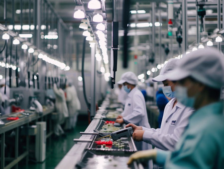 Factory workers assembling electronic parts.の素材