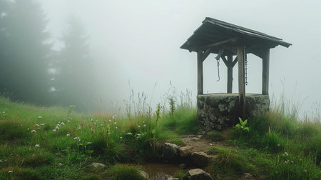 Old wooden well in a foggy forest clearing.の素材