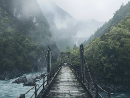 Bridge stands over turbulent river in mist.の素材