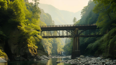 Serene bridge over calm river in a lush, forested gorge.の素材