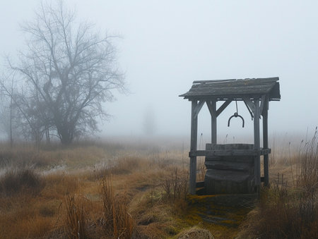 A dilapidated wooden well in a foggy, overgrown field.の素材