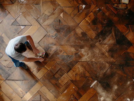 Person repairing herringbone parquet floor with tools.の素材