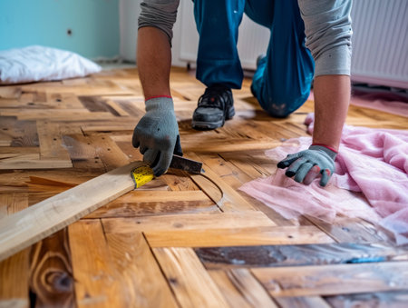 Worker installing new wooden parquet on floorの素材