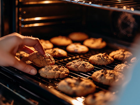 A hand reaches into a warm oven to grab freshly baked cookies, inviting indulgence.の素材