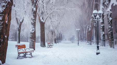 Benches blanketed with snow in a silent urban park during a snowstorm.の素材