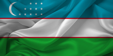 Silk-waved flag of Uzbekistan with crescent and stars.の素材