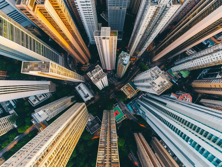 High-rise buildings, vertical view, city density.の素材