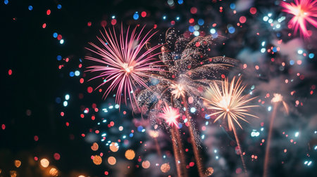 Colorful fireworks over cityscape, illuminated night.の素材