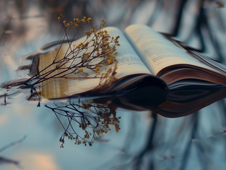 Book with reflection on water surface.の素材