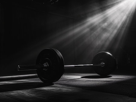 Barbell highlighted by a dramatic spotlight, the essence of power and persistence.の素材