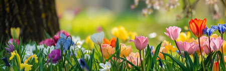 Peaceful tulip landscape in soft light with rich colors.の素材