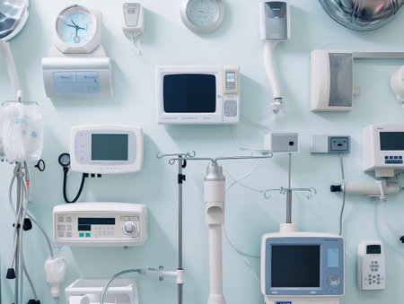 Various medical monitors on hospital wall.の素材