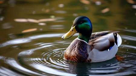 Majestic duck gliding on sunlit water in natural setting.の素材