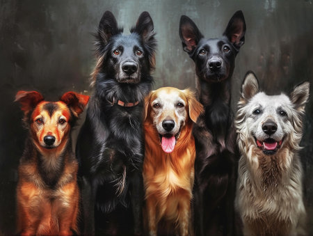 Mixed breed dogs together in warm colored ambiance.の素材