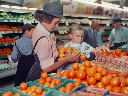 A historical photo of a family, including a young boy, choosing tomatoes in a market.の素材