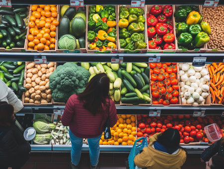 Overhead shot of shoppers picking vegetables in a supermarket.の素材