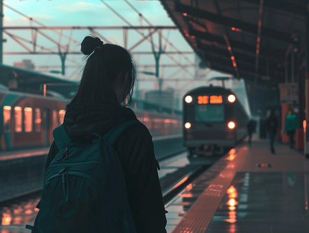 Young woman waits at a train station during dusk, observing an approaching train.の素材