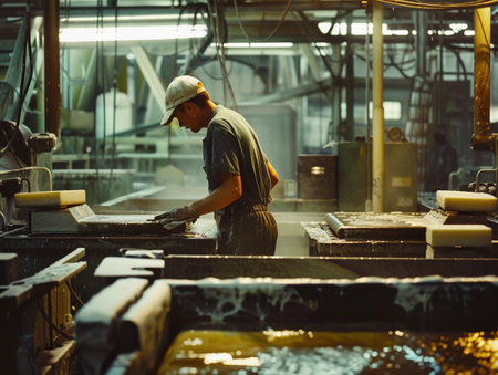 Industrial worker inspecting material during the manufacturing process in a modern factory settingの素材