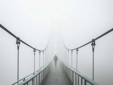 Lone man walks across a foggy bridge, disappearing into the mist.の素材