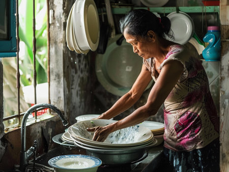 Elderly Asian woman manually washing dishes at home.の素材