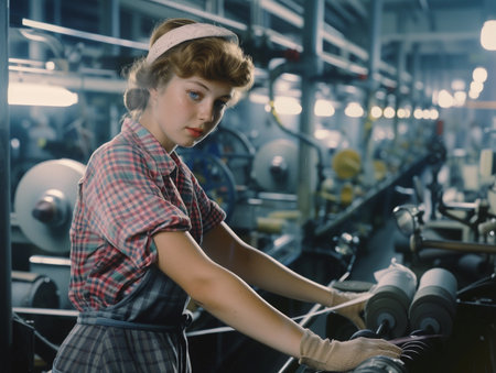 Young woman focused on operating machinery in a textile production environment.の素材