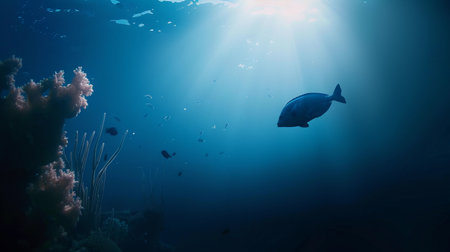Tranquil underwater view with fish silhouettes and soft sunrays filtering through.の素材