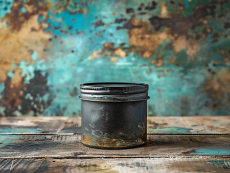 Black paint can against a rustic turquoise metallic background, focus on aged textures.の素材