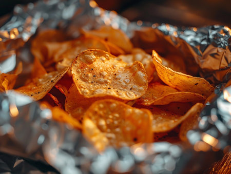 Close-up of crispy seasoned chips in a sunlit aluminum foil container.の素材
