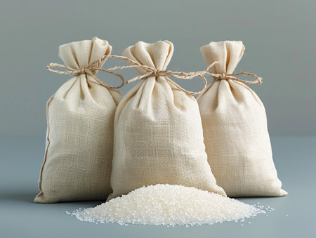 Three canvas bags filled with sugar, tied with string, isolated on a neutral backdrop.の素材