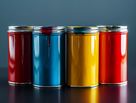 A row of colorful paint cans with dripping paint, showcasing vibrant colors against a gray background.の素材