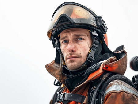 Close-up of a firefighter's face, helmet and communication gear, water droplets visible.の素材